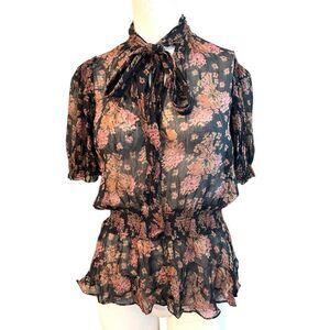 Polo Ralph Lauren Small Floral Ruffled Sheer Peplum Top Elastic Waist Blouse